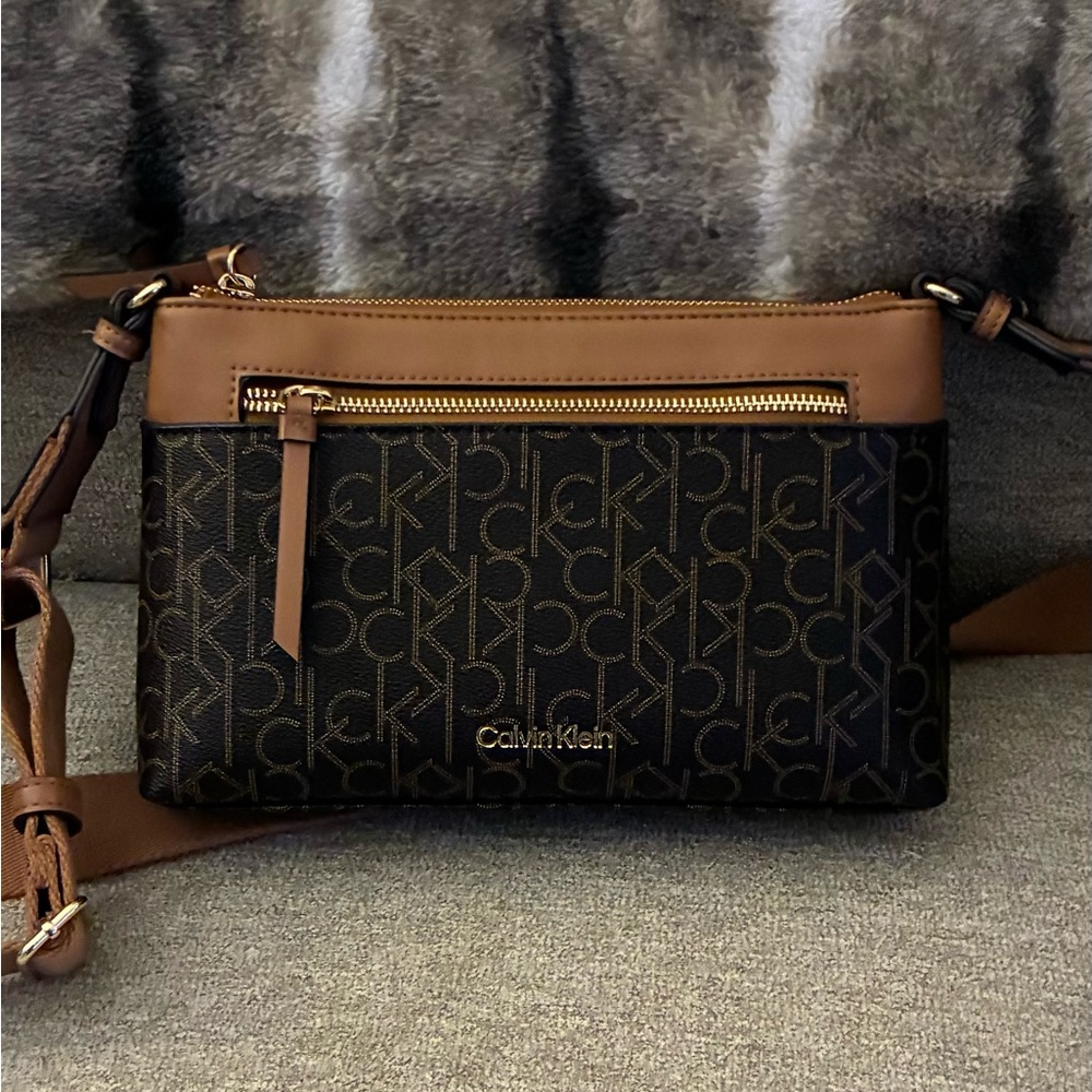 Calvin Klein Tan and Dark Brown Logo Shoulder/Crossbody Bag